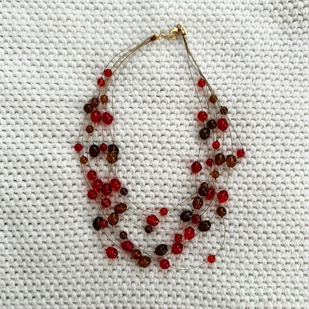Joan Rivers Red Art Glass Round Stones Floating Beads 7 Strand Necklace Vintage